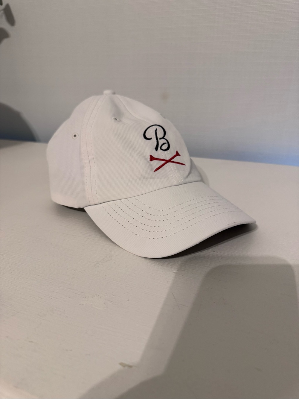 Imperial White Baseball Cap with Embroidered 'B' and Red Accent - Barstool Logo